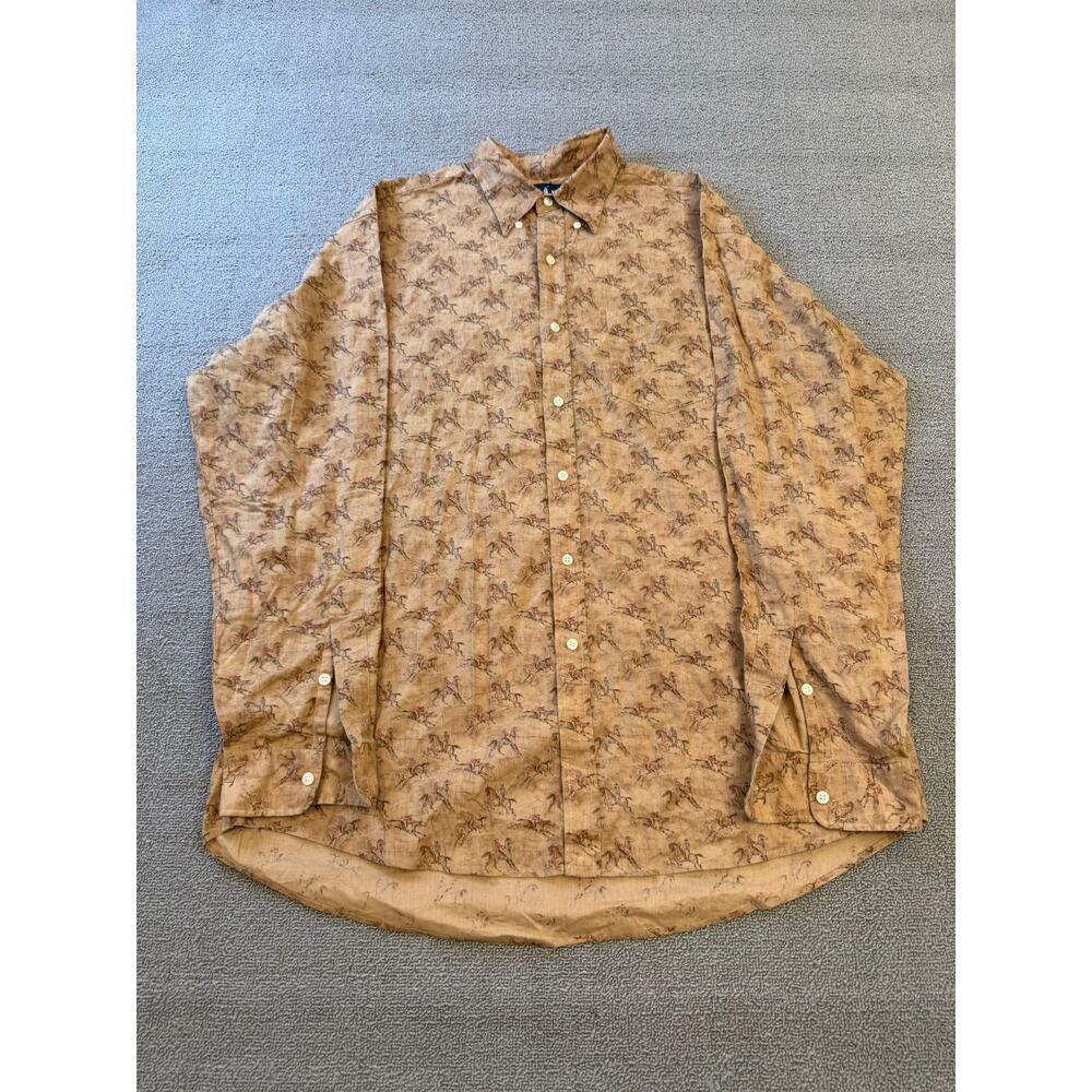 RALPH LAUREN Men's Button Down Shirt L Tan Brown Equestrian Horse Vintage Print‎